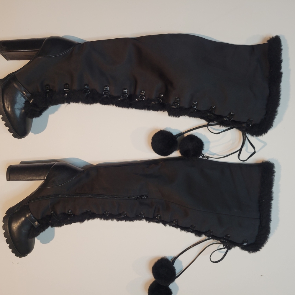 Elegant Black Over the Knee Boots with Pom-Pom Detail - Picture 2 of 7